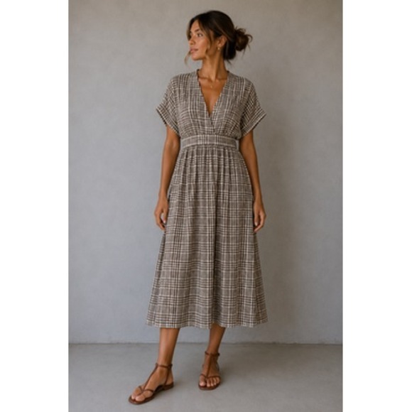 Urban Outfitters Dresses & Skirts - Urban Outfitters Midi Dress Womens Medium Check Belted V Neck Neutral Clean Girl